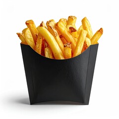 Golden, crispy fries in a minimalist black container, isolated on white