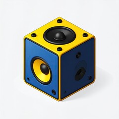Isometric view of a modern, cube-shaped audio speaker with yellow and blue