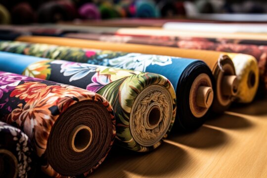 Rolls of colorful printed fabrics are displayed on a wooden table, showcasing a variety of patterns and textures