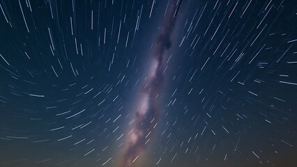 Star trails converging into a radiant point, piercing through the Milky Way in long exposure.