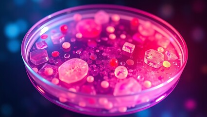 Glowing Petri dish overflowing with vibrant abstract representations of scientific concepts.