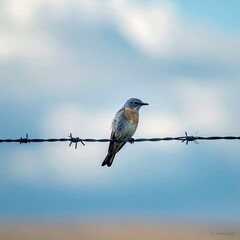A small, blue-tinged bird perches on a barbed wire fence under a cloudy sky