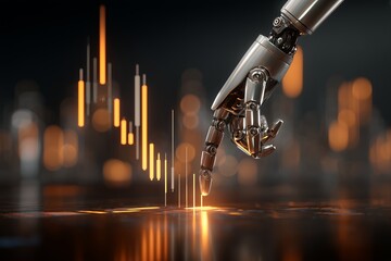 A metallic robotic hand interacts with glowing orange candlestick charts on a dark reflective surface, concept for algorithmic trading, financial analysis and investment strategy