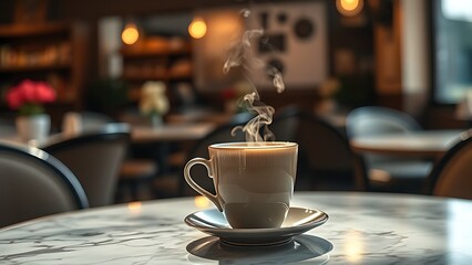 Steaming hot latte cup on an elegant cafe table, evoking a warm morning breakfast atmosphere.
