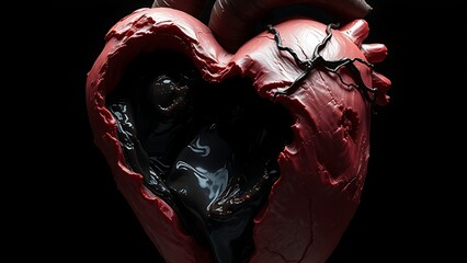 Abstract sculpture of a human heart with dark material seeping from within.