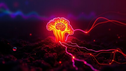 A glowing malignant growth being starved of its vibrant nutrient streams on a dark field.