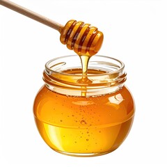 A jar of golden honey with a dipper dripping sweet, viscous liquid