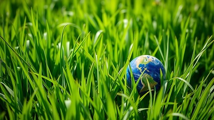 A small globe resting on lush green grass, symbolizing environmental awareness and global unity.