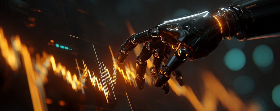 Dark robotic arm interacting with glowing orange digital data graph on a dark background, concept for artificial intelligence, fintech analysis and future investment - Powered by Adobe