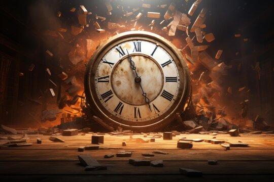 Time is running out, vintage clock exploding on a wooden floor with dramatic lighting and debris
