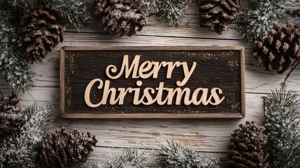 Wooden sign displaying "Merry Christmas" text framed by snow-dusted pine cones on rustic white wood background, concept for holiday marketing, greeting card design and seasonal advertising campaigns