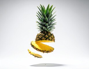Sliced pineapple suspended mid-air against a neutral background