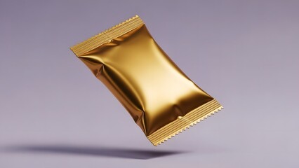 A gold colored foil package floating in mid air with a shadow underneath