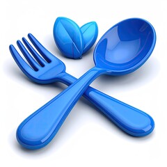 Glossy blue cutlery, crossed, with leaves in the center
