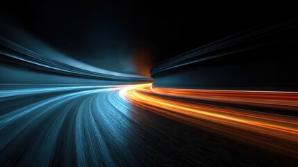 abstract tunnel representing high speed data transfer and broadband connection with blue and orange light streams flowing along a curved digital pathway in a futuristic concept  