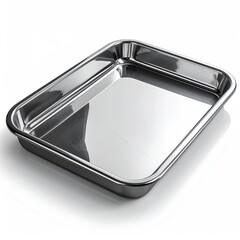 Shiny, stainless steel rectangular baking pan on a clean white surface