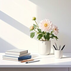 Floral still life on a white desk bathed in sunlight