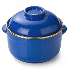 A vibrant blue ceramic cooking pot with a gold trim, lid, and handles