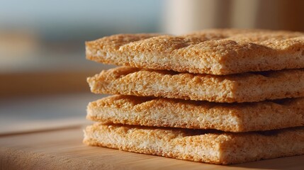 A stack of square golden brown biscuits with a porous texture resting on a wooden surface in soft light