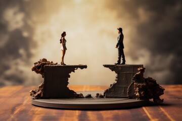 Miniature figurines of a businessman and woman stand on crumbling cliffs, separated by a gap, symbolizing relationship difficulties and communication breakdown