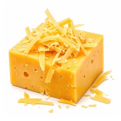Block of yellow cheese, topped with grated cheese, on white background