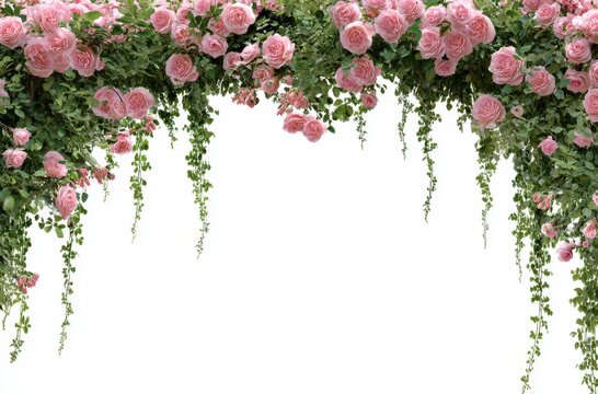 A pink rose arch with green leaves on a white background, roses on the top and bottom of an arched garland