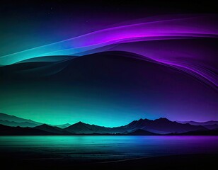 Abstract nightscape with colored light waves over mountains and water