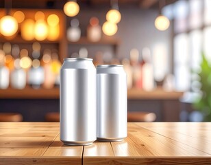Two blank aluminum drink cans on a wood surface, blurred bar background