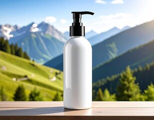 White cosmetic bottle with black pump, in alpine nature scene