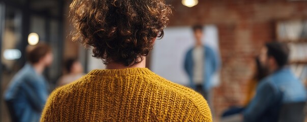 Rear view of a young professional in a yellow knitted sweater attending a blurred presentation or meeting, concept for professional development, employee coaching and corporate training