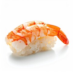 Close-up of shrimp nigiri sushi on white background, delicious appetizer