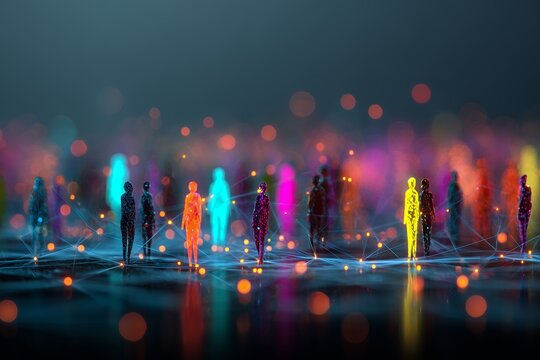 Abstract digital people figures in colorful light standing on a network grid structure, concept for decentralized technology, global connections and workforce management visualization