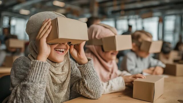 Excited refugee kids investigating virtual worlds in a digital classroom, symbolizing access to modern education, STEM inclusion, and the next wave of capable global citizens