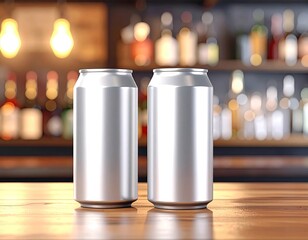 Two blank silver beverage cans sit on a wooden bar, soft focus background
