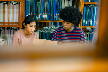 Students reviewing academic material together inside library representing shared learning academic discipline study environment.