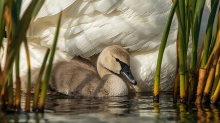 Swan protecting its cygnets