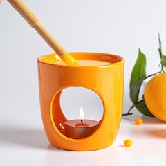 Bright orange ceramic candle warmer with an orange and bamboo stick