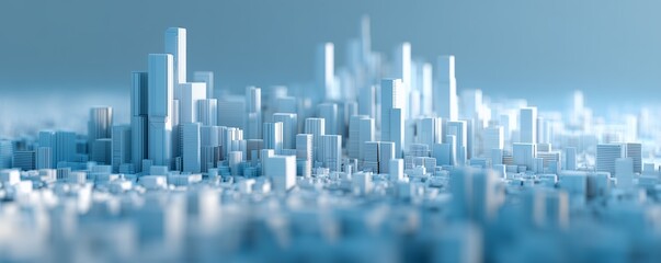 Dense 3D digital rendering of a minimalist stylized urban cityscape in cool blue and white tones, concept for smart city planning, future technology and global infrastructure