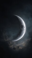 Highly detailed crescent moon illuminating dark, stormy night clouds in a dramatic vertical composition, concept for space exploration, fantasy wallpaper and astrological studies