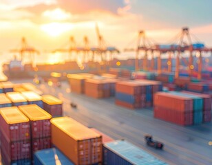Shipping port at sunset with containers and cranes