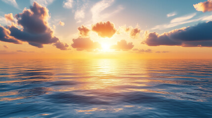 Obraz premium Golden sunrise emerging over a calm ocean horizon with soft clouds reflecting warm light on gentle waves, a peaceful and hopeful seascape mood. Concept of new beginnings freedom and mindfulness.