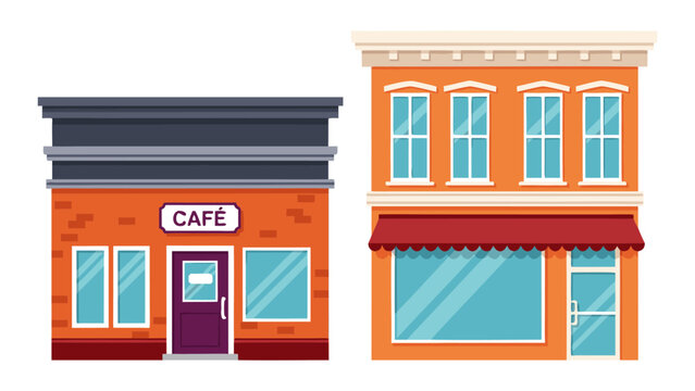 Vector illustration of a cafe shopfront and a retail store facade on a white background