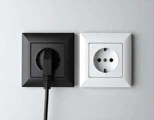 Black plug inserted in black outlet, next to a white unoccupied outlet