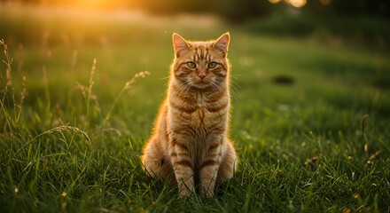 Portrait of a Majestic Orange Tabby Cat Sitting in Green Grass During Golden Hour Sunset