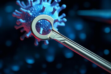 Medical instrument examining a virus particle, representing scientific research and pathogen study