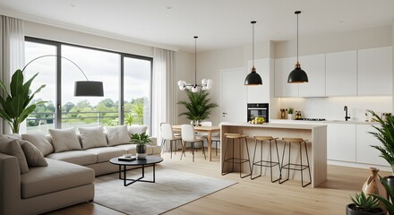 Fototapeta premium A modern minimalist living room and kitchen interior with large windows