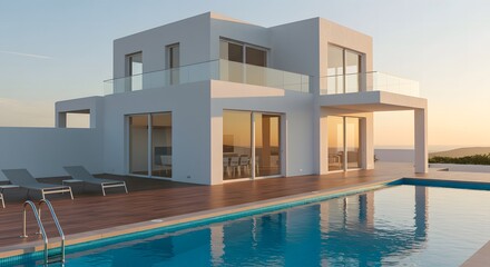 Fototapeta premium Modern white villa with a swimming pool and outdoor lounge area