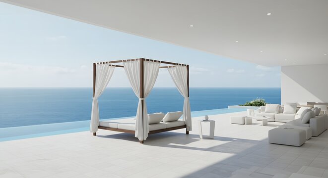 Luxurious outdoor daybed with ocean view modern design and white aesthetics