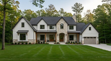 Obraz premium Elegant two story home with stone and white siding surrounded by lush greenery