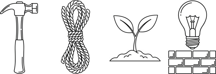 Symbolic object icon set, black vector style, hammer, rope, plant, light bulb over bricks, growth and creativity graphic © Sopon Creatives